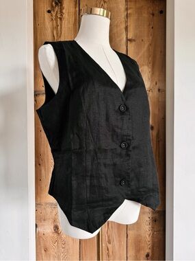 Sz L Quince Black 100% European Linen Relaxed Fit Button Up Vest NWT